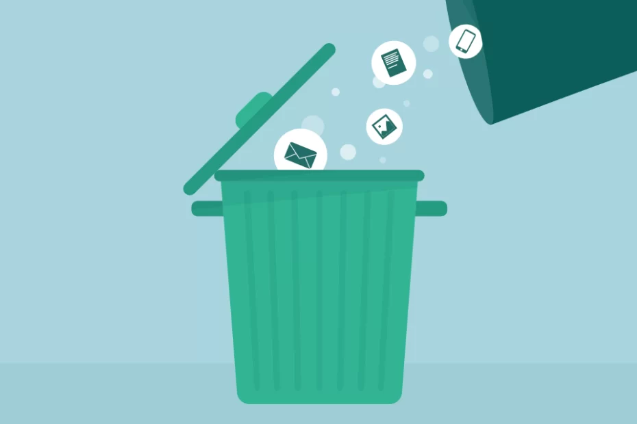 An illustration showing emails, documents and images being thrown into a bin